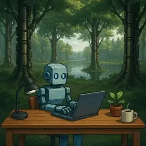 AI automation robot typing on laptop
